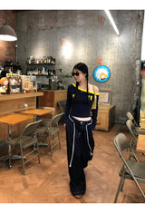 アンバランスオフショルダーブロックコアロングスリーブTシャツ