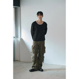 Brushed crop u neck long sleeves(Black)