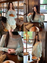 Mint off-shoulder lace long-sleeved see-through knitwear