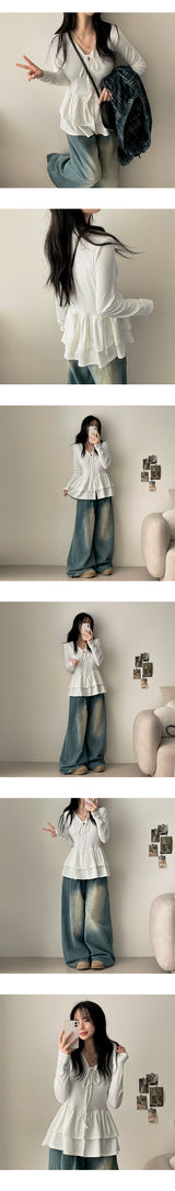 Flex waist string two-pin tuck snap wide denim pants