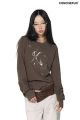 CONFUN Lantern Sleeve Sequin Embroidered Pleated Round Neck Top