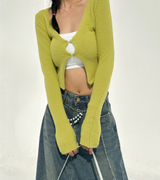 ANGORA TERRY CLOTH TWO-BUTTON LONG-SLEEVE CROPPED VIVID CARDIGAN KNIT - 2 COLOR