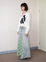 Denim patchwork checked fishtail skirt