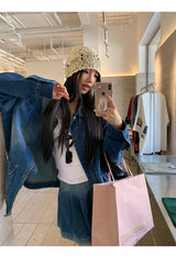denim loose fit collar zip-up jacket two-piece (skirt set)