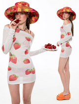 インストック 🍓ボートネックストロベリープリントミニボディコンドレスオアトップ