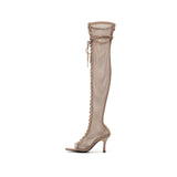 メッシュレースアップオープントゥブーツヒール(Beige)