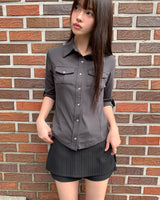 [MADE] Theku Pocket ロールアップネックカラースリム 3/4 スリーブシャツ