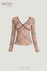London checkered V-neck long-sleeved shirt
