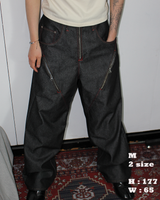 [Hand-Made "003"] Zipper & Flower Black Denim Pants