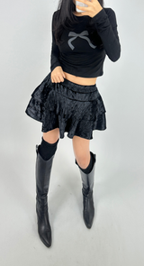BASIC BOW-DETAIL SEMI-CROPPED STRETCH ROUND U-NECK LONG-SLEEVE TEE