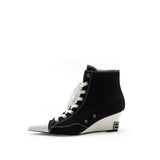 Colorful Bridge | Designer High-Top Lace-Up Canvas Shoes with Pointed Wedge Black Ankle Boots for Women