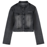Sand Washing Crop Biker Denim Jacket