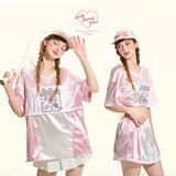 [GirlyFancyClub] Sweet and Cool Girl Color-block Quick-dry Satin Sporty Style Dual-wear Loose T-shirt
