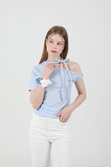 Off Shoulder Twist Half-Sleeve T-shirt Sky Blue
