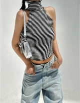 (FALL/WINTER KNIT) KNIT STRIPED SEMI-CROPPED LAYERED INNER TURTLE-NECK THICK TANK - 2 COLOR