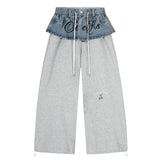 Layered Denim Contrast Wide Pants 233003649