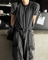 Black & Charcoal Muscle Fit Striped Short Sleeve