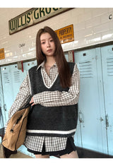 French checkered pocket loose fit long-sleeved shirt