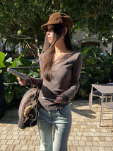 wool base lace V-neck long-sleeved t-shirt