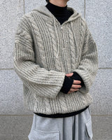 Noel Knit Hoodie Half Zip Up (Beige)