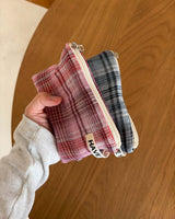 リネン タータンチェック フラットポーチ - ブルー, Sサイズ