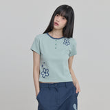 Flower Henley Neck Half Sleeve T-shirt
