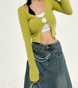 ANGORA TERRY CLOTH TWO-BUTTON LONG-SLEEVE CROPPED VIVID CARDIGAN KNIT - 2 COLOR