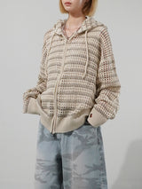 (UNISEX) Mesh Stripe Cropped Zip-up Knit