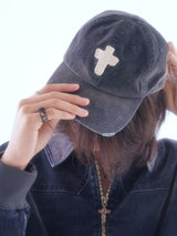 SIGNATURE FLOCKED DENIM FADED RANDOM STITCH EMBROIDERY PATCH WASHED BALLCAP