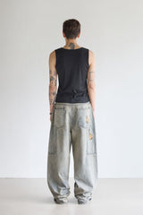 DOUBLE-KNEE CRACK-WASHED DENIM PANTS