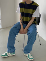 Stripe round neck knit vest 2C