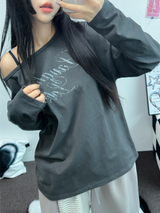 LETTERING OFF-SHOULDER U NECK LONG SLEEVE T SHIRT 🩶🤍🖤3COLOR