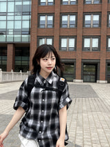Unisex デイリーレトロチェッカード半袖シャツ