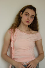 ONE SHOULDER RUFFLE TRIM TOP / LIGHT PINK
