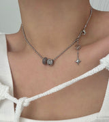 yio Gray gemstone heart Rondell star Surgical two way y Beads Bold Choker Short Layered Necklace