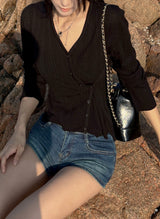 V-neck ribbed button slim fit long sleeve knit wrap cardigan (5 colors)