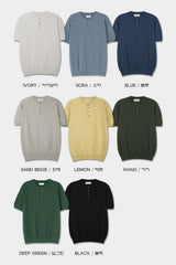 LMN チェッカーヘンリーネックラウンド半袖ニット (8 colors)