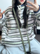 ストライプフリースワンサイドストリングアノラックニットスウェット 💙🩶🧡3COLOR