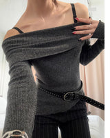 Unbalance cutting off shoulder knit(3color)