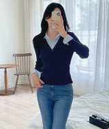 Ballon Shirt Layered V-Neck Shirring Knit