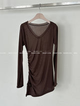 See-through Shirring V-neck Long T-shirt
