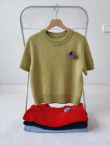 Tours Flower Decor Round Neck Wool Short Sleeve Knit