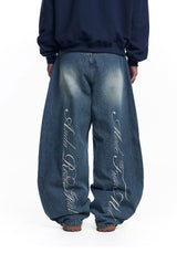 Stripe Lettering Denim Pants - Medium Blue