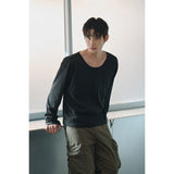 Brushed crop u neck long sleeves(Black)