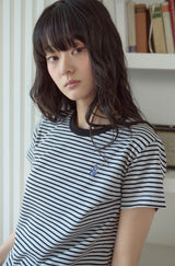 26SS★ Falling Cat Stripe Crop Short Sleeve Tee