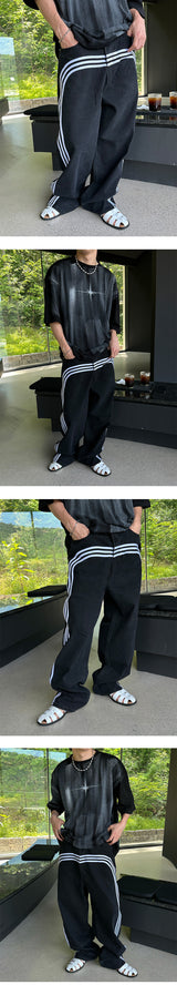 [Unisex] Track wide denim pants (2color)