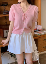 Pastel Pogeun Ribbon Short-Sleeved Knit Cardigan (3color)