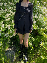 Ribbon puff strap blouse skirt pants setup SET (3 colors)