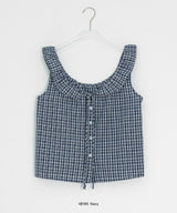 Baso Check Frill Seersucker Boat-Neck Blouse