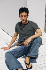 Stripe slim henley neck half t-shirts(Black)